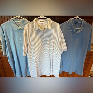 Peter Millar men’s polos (3). Sharp light Blue, White Striped, & dark blue trio.